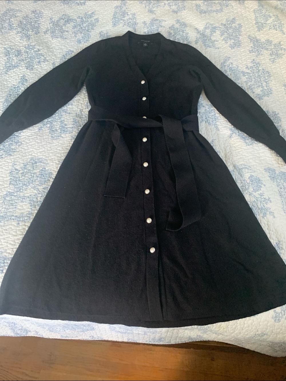 Ann Taylor Black Long-Sleeve Button Front Belted Dress